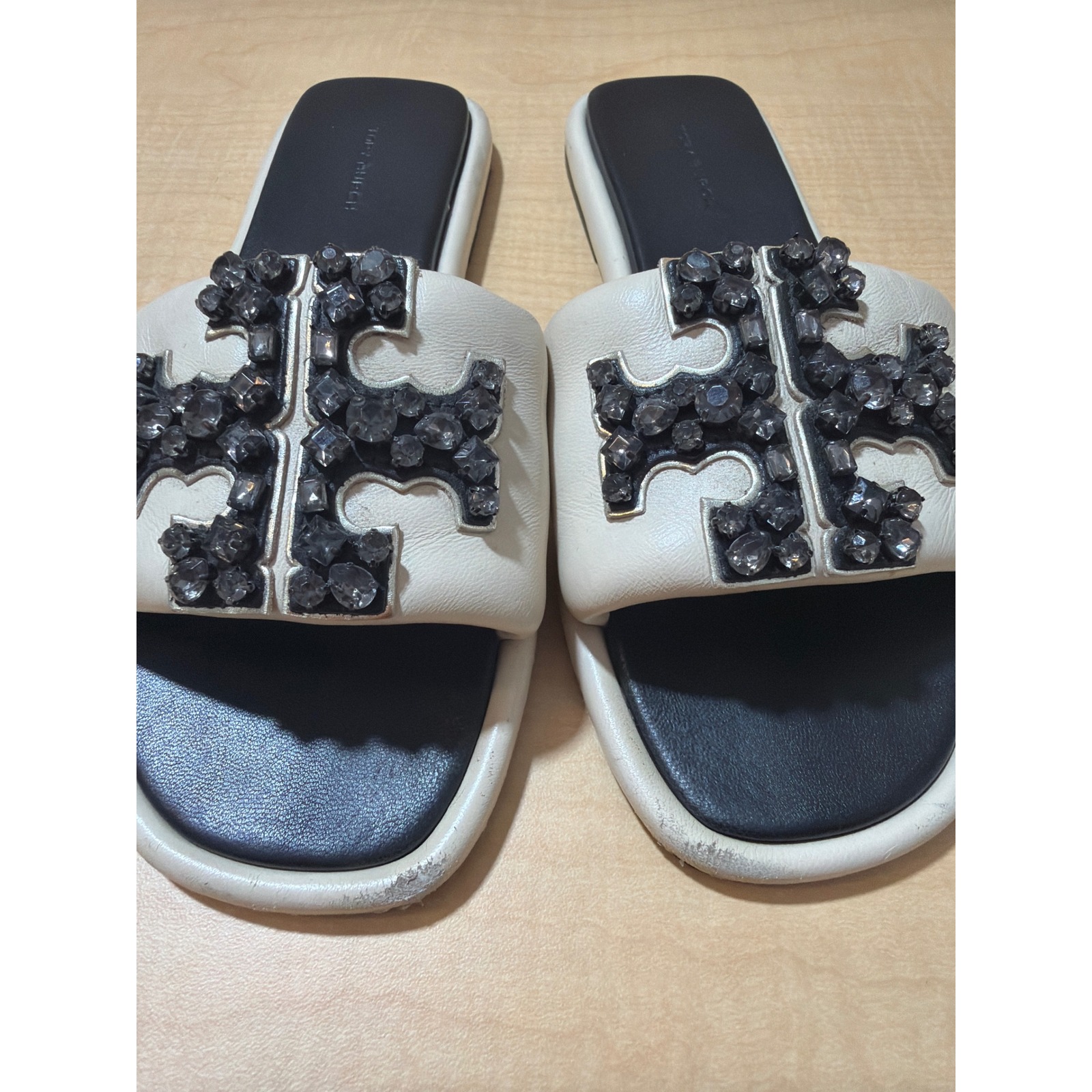 Tory Burch Eleanor Crystal Embellished Slide Sandals Cream Black Leather Sz 7